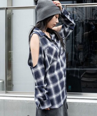 WEGO オープンショルダーチェックBIGシャツ ネイビー