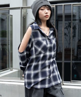 WEGO オープンショルダーチェックBIGシャツ ネイビー