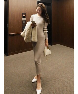 Green Parks タイトシルエットリブニットワンピース Light Gray