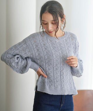 ANY SIS 【洗える】透かし編みスパンコール ニット ライトブルー