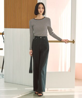 UNFILO マイビューティ リブボートネック ニット グレージュ×ブラック