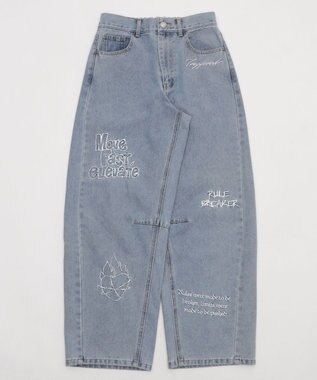 WEGO 刺繍ロゴバレルレッグパンツ デニム中濃色