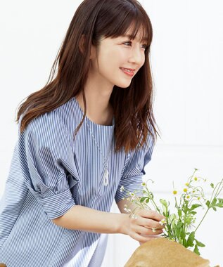 Tiaclasse 【小倉優子さん着用】【洗える】 パフスリーブチュニックブラウス ネイビーストライプ