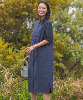 J.PRESS LADIES 【洗える】麻ポリエステルストレッチ ワンピース ネイビーシャンブレー系