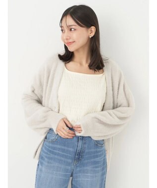 earth music&ecology ミニシャギーＶネックカーディガン Gray Beige