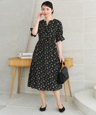 Tiaclasse 【洗える】キャンディースリーブ花柄ワンピース ブラック