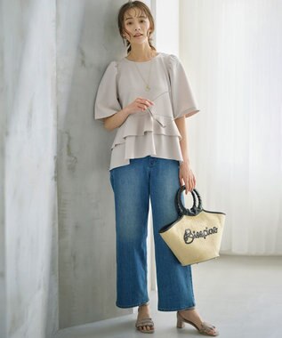 組曲 L 【接触冷感・吸湿・UVカット】ジョーゼットジャージーフリルブラウス ベージュ系