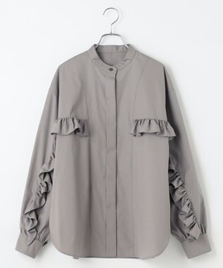 #Newans 【シワになりにくい/洗濯機可能】ラウンドフリルバンドカラーシャツ グレー