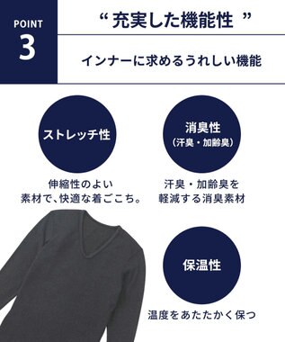 WACOAL MEN インナー メンズ 発熱インナー【エクス（R）】 吸湿発熱繊維 保温性 消臭性（汗臭・加齢臭） ストレッチ素材 深めVネック 8分袖 GL6221 /ブロス ブラック