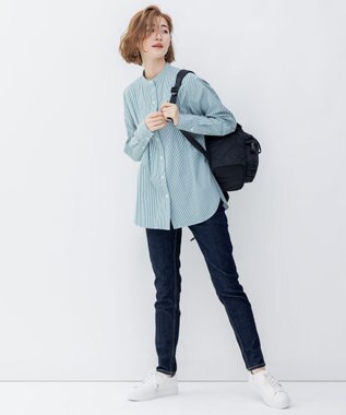 23区 S 【洗える】CANCLINI バンドカラー シャツ グリーンストライプ