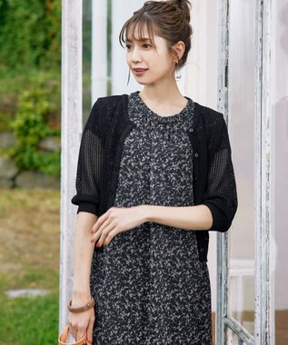 Tiaclasse L 【新色追加・洗える】パフスリーブ透かし編みニットカーディガン ブラック