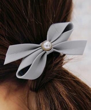 Tiaclasse 【2TYPE/ゴム＆クリップ】レザーリボンヘアアクセサリー ゴム：グレー