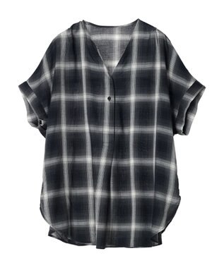 Green Parks リネンレーヨン前立てブラウス Check