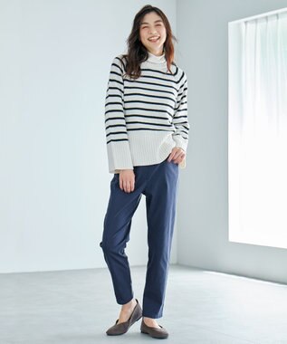 ANY 【6色展開】ラムウールラグランスリーブニット オフベース×ブラックラインボーダー