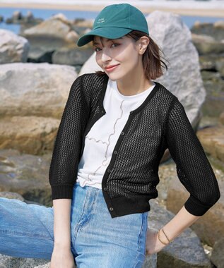 Tiaclasse L 【新色追加・洗える】パフスリーブ透かし編みニットカーディガン ブラック