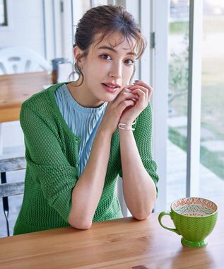 Tiaclasse L 【新色追加・洗える】パフスリーブ透かし編みニットカーディガン グリーン