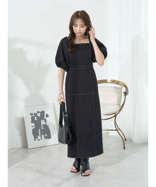 earth music&ecology 配色ステッチパフスリーブワンピース Black