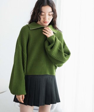 WEGO ハーフジップショートニットプルオーバー グリーン