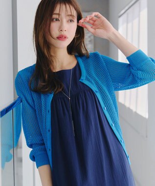 Tiaclasse L 【新色追加・洗える】パフスリーブ透かし編みニットカーディガン ブルー