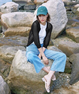 Tiaclasse L 【新色追加・洗える】パフスリーブ透かし編みニットカーディガン ブラック