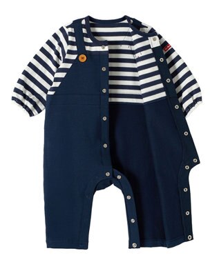 MIKI HOUSE HOT BISCUITS 【70-80cm】オーバーオール重ね着風 カバーオール 紺