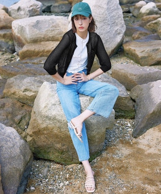 Tiaclasse L 【新色追加・洗える】パフスリーブ透かし編みニットカーディガン ブラック