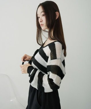 WEGO 【25年秋冬新作】モヘアタッチ2WAYリボンカーデ ホワイトボーダー