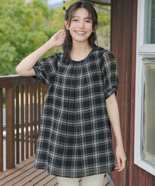 Tiaclasse シフォンチェックパフスリーブチュニック
