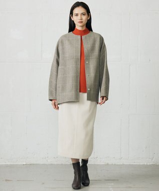 自由区 L 【17号サイズまで展開・カタログ掲載】ウールリバーチェック柄ノーカラー コート モカチェック