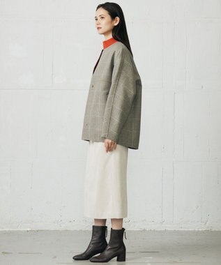 自由区 L 【17号サイズまで展開・カタログ掲載】ウールリバーチェック柄ノーカラー コート モカチェック