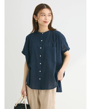 Green Parks インド綿  バンドカラーデザイン５分袖シャツ Dark Navy