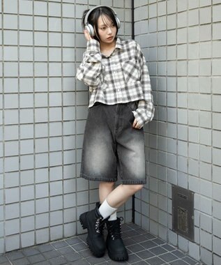 WEGO チェックショートネルシャツ ホワイトアイボリー