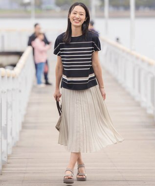 J.PRESS LADIES L パネルボーダー フレンチスリーブ カットソー ブラック系1