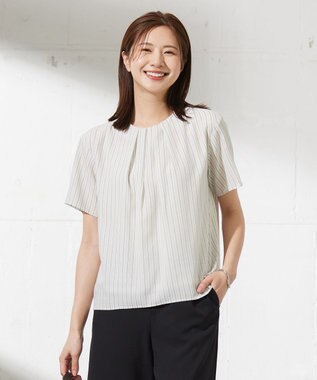 J.PRESS LADIES L シアーストライプ&チェック カットソー ベージュ系1