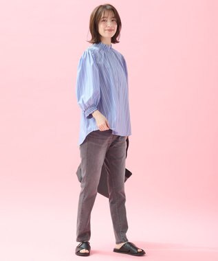 ANY L 【接触冷感/UVカット/抗菌防臭/速乾】エニイファンクション シャーリングブラウス ブルーランダムストライプ