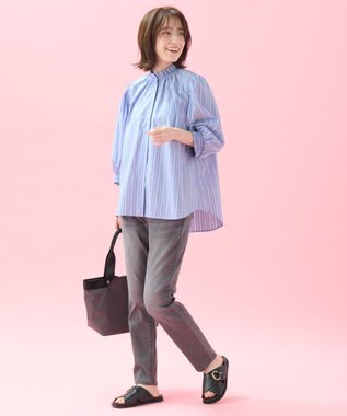 ANY L 【接触冷感/UVカット/抗菌防臭/速乾】エニイファンクション シャーリングブラウス ブルーランダムストライプ