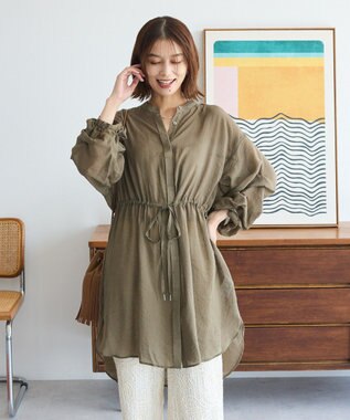 Green Parks バンドカラー比翼タック袖チュニック Khaki