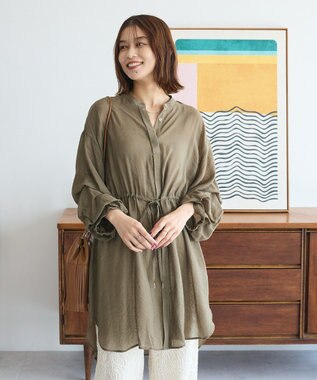 Green Parks バンドカラー比翼タック袖チュニック Khaki