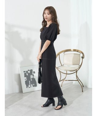 earth music&ecology 配色ステッチパフスリーブワンピース Black
