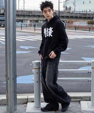 WEGO 【ユニセックス着用ITEM/裏起毛/SMLサイズ展開】リラックスフィットスプレーグラフィックパーカー ブラック