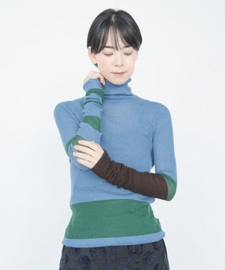 COQ AIR SILK CASHMERE BORDER カシミヤシルク タートルネックニット ブルー