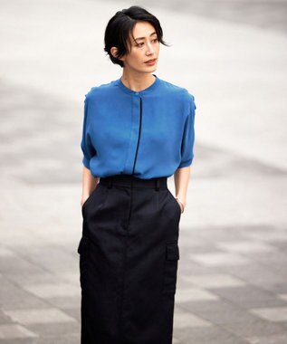 ICB L 【新色追加・接触冷感・UVケア・速乾・洗える】BackSatinAmunzen 5分袖バンドカラーブラウス ラピスラズリ系