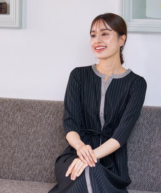 Tiaclasse L 【新色追加・洗える】配色キーネックストライプワンピース ブラック×グレージュ