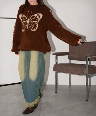 WEGO モチーフグラフィックフラッフィーニットプルオーバー ブラウン