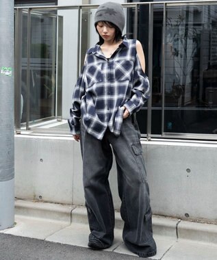 WEGO オープンショルダーチェックBIGシャツ ネイビー