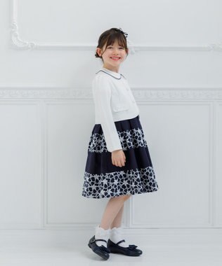 組曲 KIDS 【110-140㎝】フラワーパネルボーダー ワンピース ネイビー系