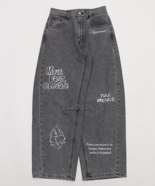 WEGO 刺繍ロゴバレルレッグパンツ デニムブラック