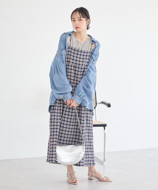 earth music&ecology シャーリングラメチェックキャミワンピース Navy