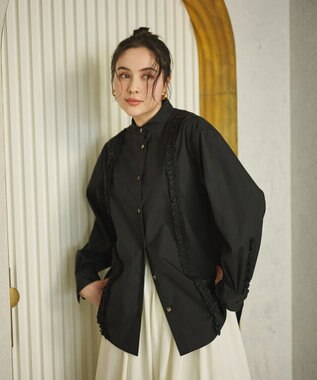 #Newans 【洗濯機可能/シワになりにくい】パネルフリルシャツ ブラック