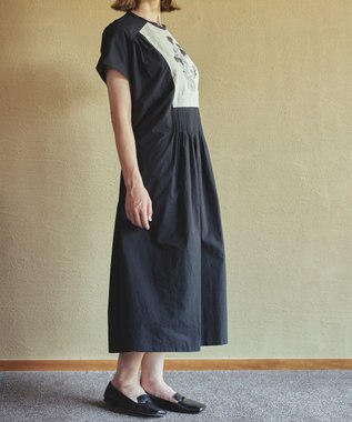 muuc ジャスミン刺繍フレンチスリーブワンピース〈日本製・綿100%天然素材・遠州織物〉〈繊細な花刺繍〉〈上品なロング丈〉〈ゆったりフリーサイズ〉〈大人の夏ワンピ〉 ブラック